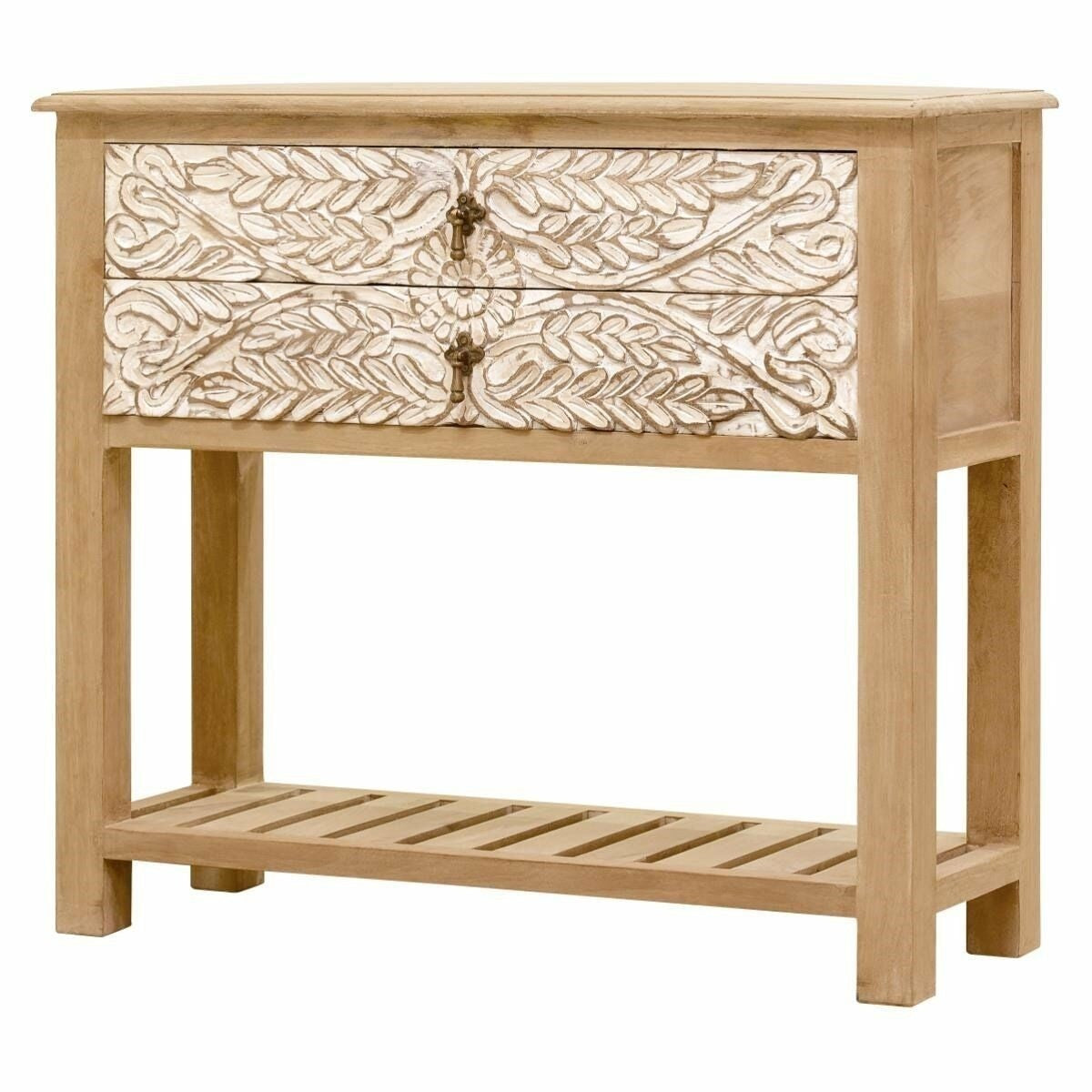 Floral Accent Hand Carved Solid Wood 2 Drawers Hall Side Table