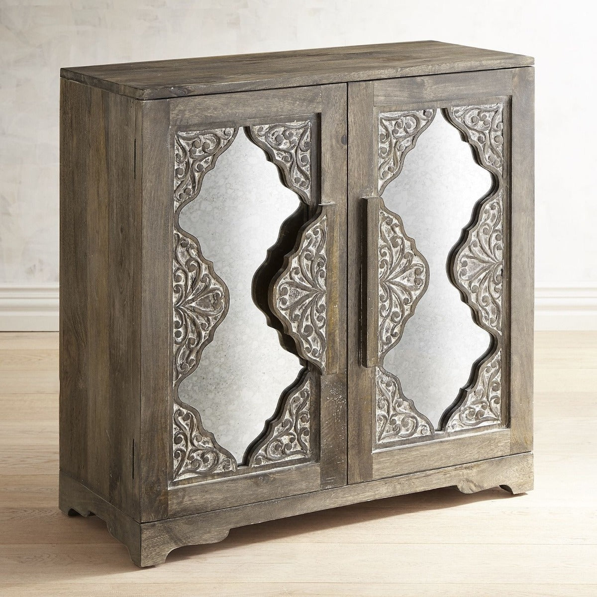 India Hand Carved Mirror Doors Sideboard