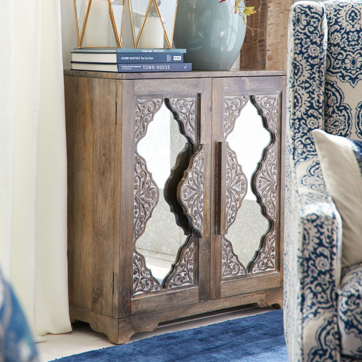 India Hand Carved Mirror Doors Sideboard