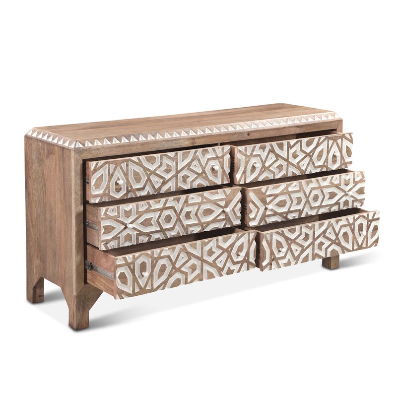 Mughal Garden Geometrical Hand Carved Natural 6 Drawers 2 Tone Dresser