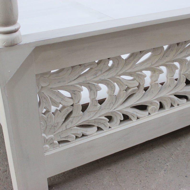 Indian Hand Carved wooden High Headboard Canopy Bed Frame
