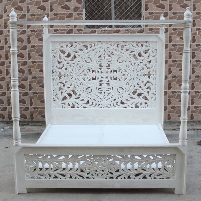 Indian Hand Carved wooden High Headboard Canopy Bed Frame