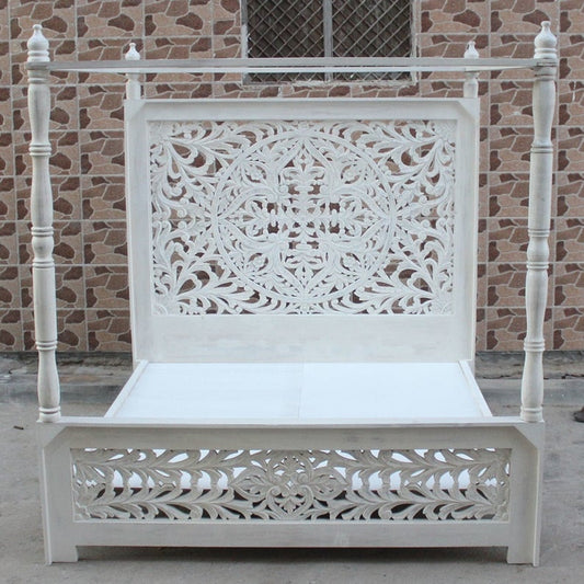 Indian Hand Carved wooden High Headboard Canopy Bed Frame