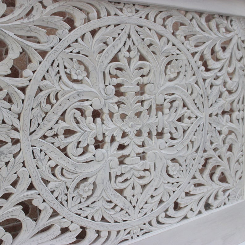 Indian Hand Carved wooden High Headboard Canopy Bed Frame