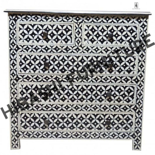 Pandora Bone Inlay Reclaimed Wood Tallboy Chest of 5 Drawers