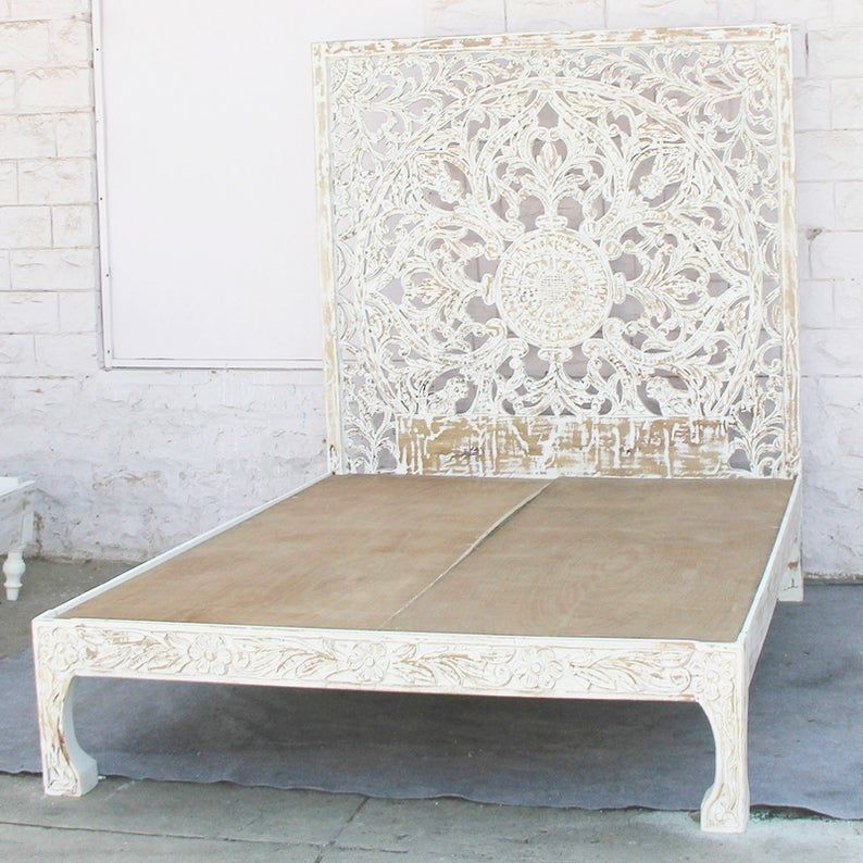 Dynasty hand carved Indian Solid wooden Nadia bed frame White