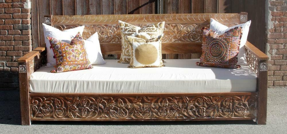 LUNA Hand Carved Rustic Floral Daybed Limewash