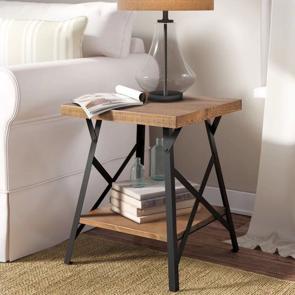 IVANA Industrial End Table with Solid Wood Top and Metal Base