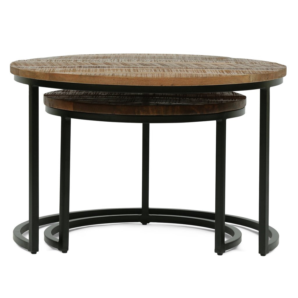 CATICLAN Industrial Handcrafted Mango Wood Nested Tables, Set of 2, Honey Brown and Black