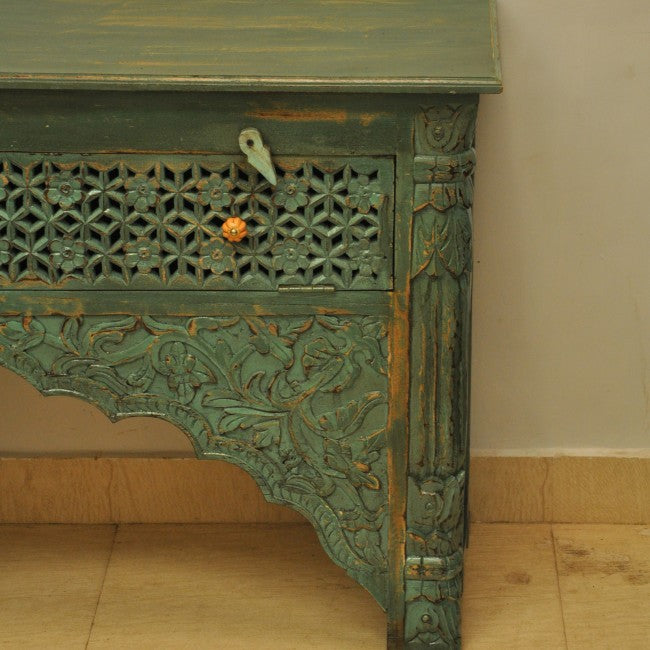 Mehrab Style Carved Hall Table with Drawers-Green