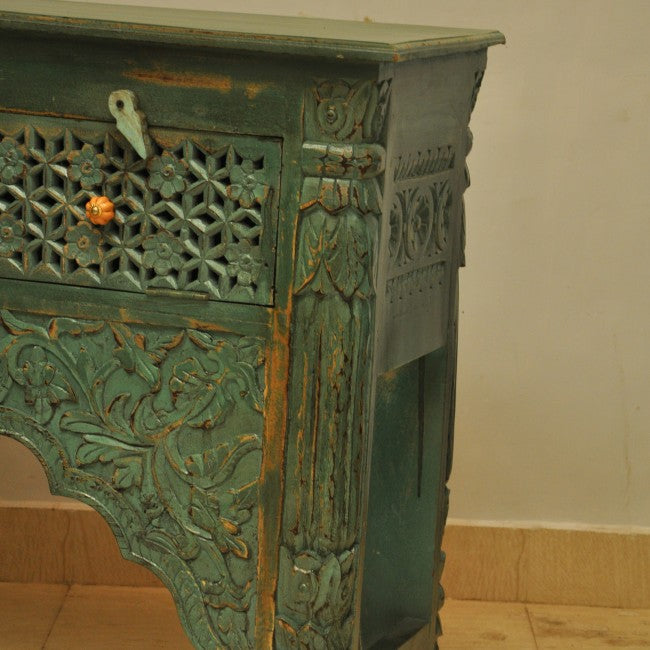 Mehrab Style Carved Hall Table with Drawers-Green