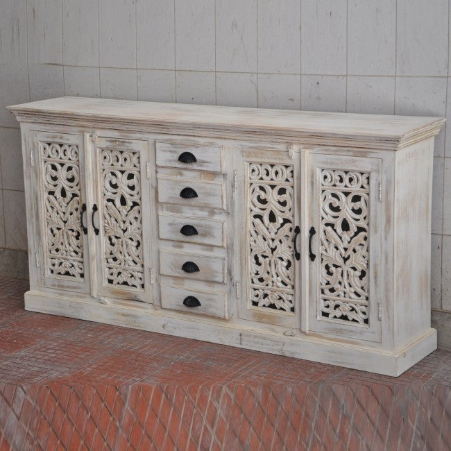 Jali Solid 5 Drawers Wooden Sideboard White Wash