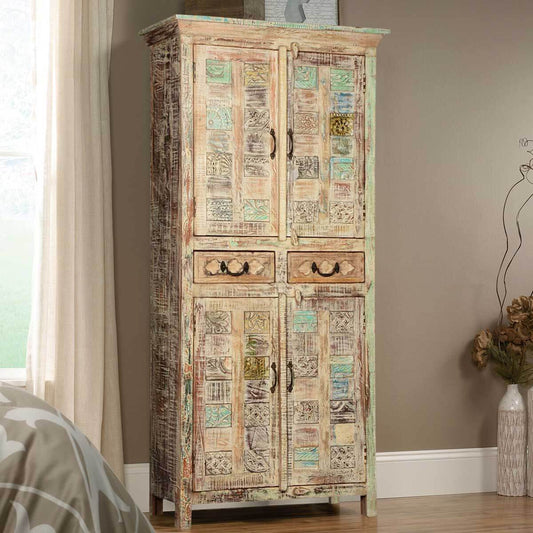 Flora Hand Carved Patterns Distressed Mango Wood Tall Cabinet W Drawers
