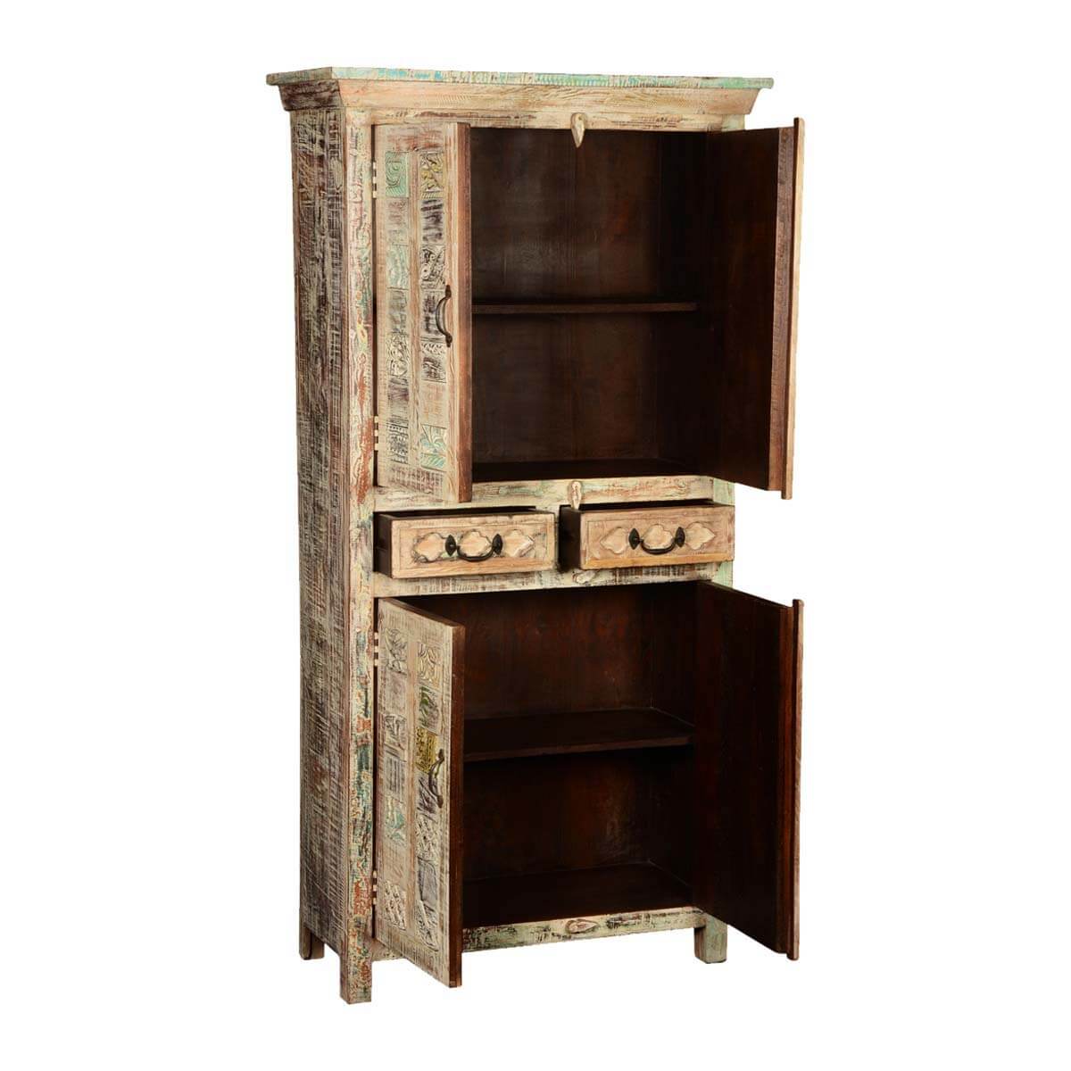 Flora Hand Carved Patterns Distressed Mango Wood Tall Cabinet W Drawers