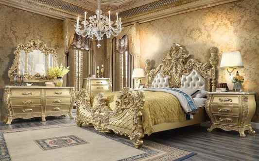REYNA Metallic Antique Gold & Faux Leather King/Queen Traditional Bed