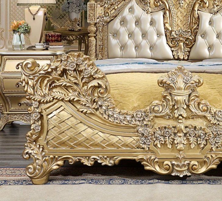 REYNA Metallic Antique Gold & Faux Leather King/Queen Traditional Bed