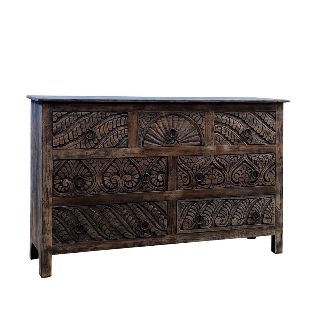 Mughal Garden Indian Hand Carved Reclaimed Wood 7 Drawer Rustic Dresser