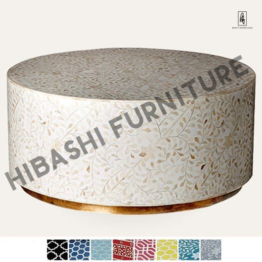Bone Inlay Brass Round Drum Coffee Table