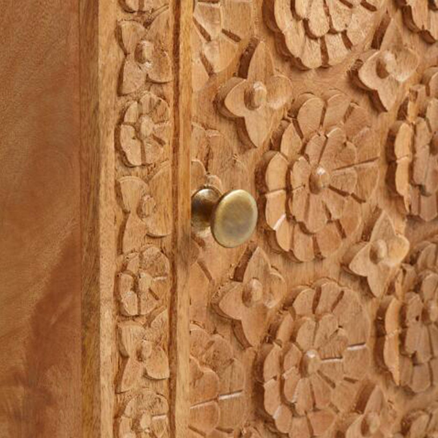 Mahooz Natural Floral Hand Carved Wood Side Table