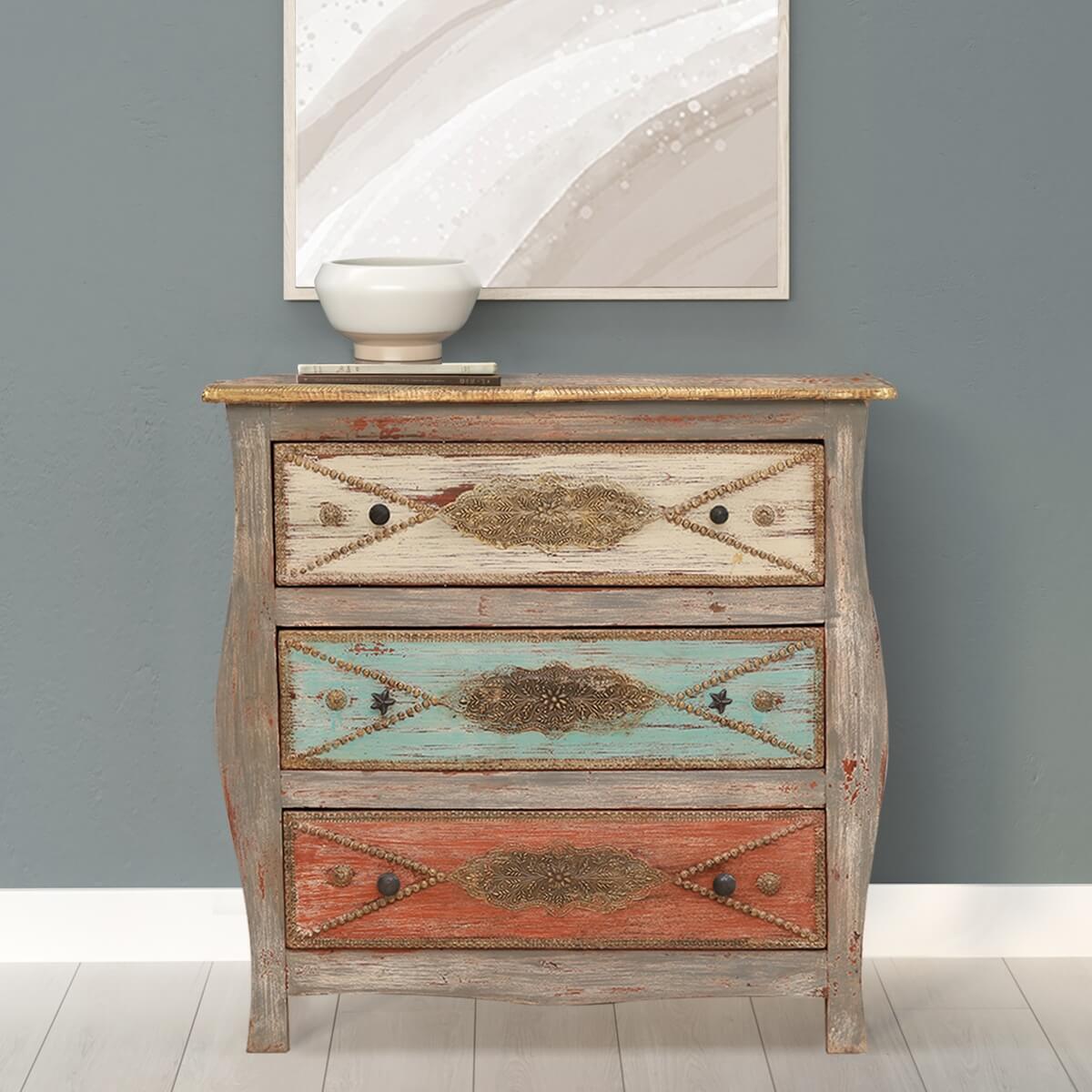 Retro Solid Wood Curved Dresser With 3 Drawers Dresser