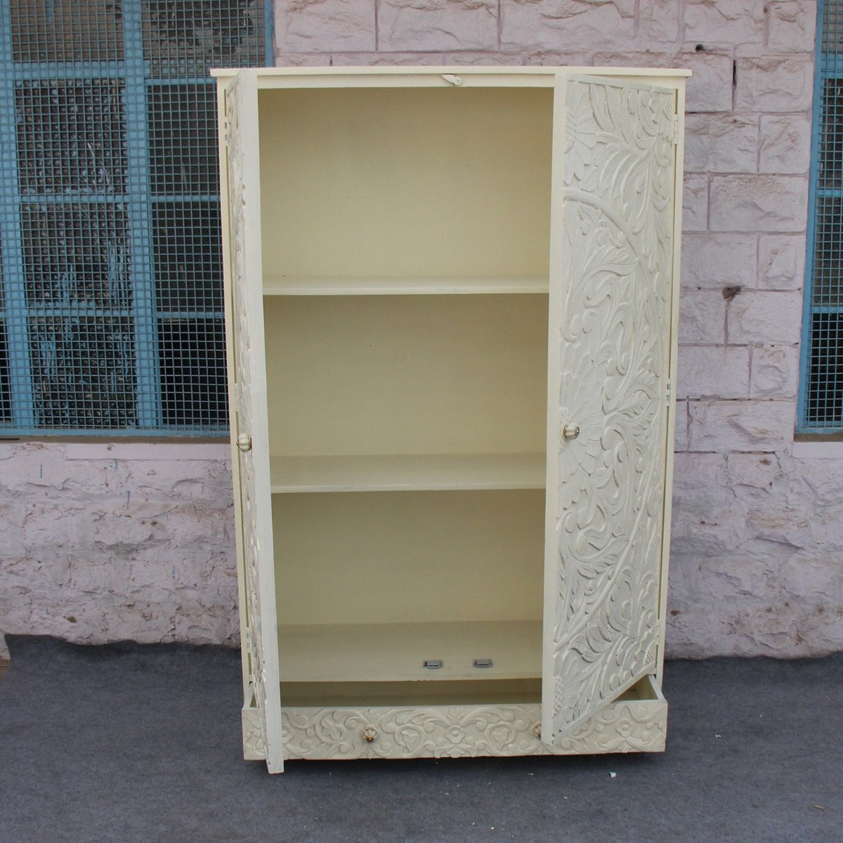 Indian Hand Carved Floral Design Solid Wooden Wardrobe/ Armoire