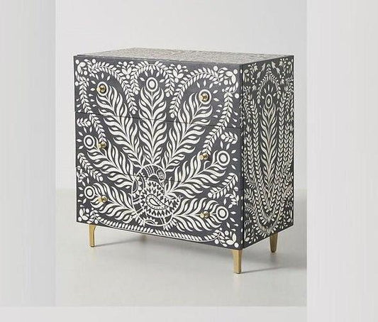 Hamad Peacock Design Bone Inlay Three Drawer Dresser Black