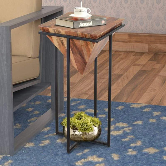 DAPITAN Pyramid Shape Wooden Side Table With Cross Metal Base Accent Table