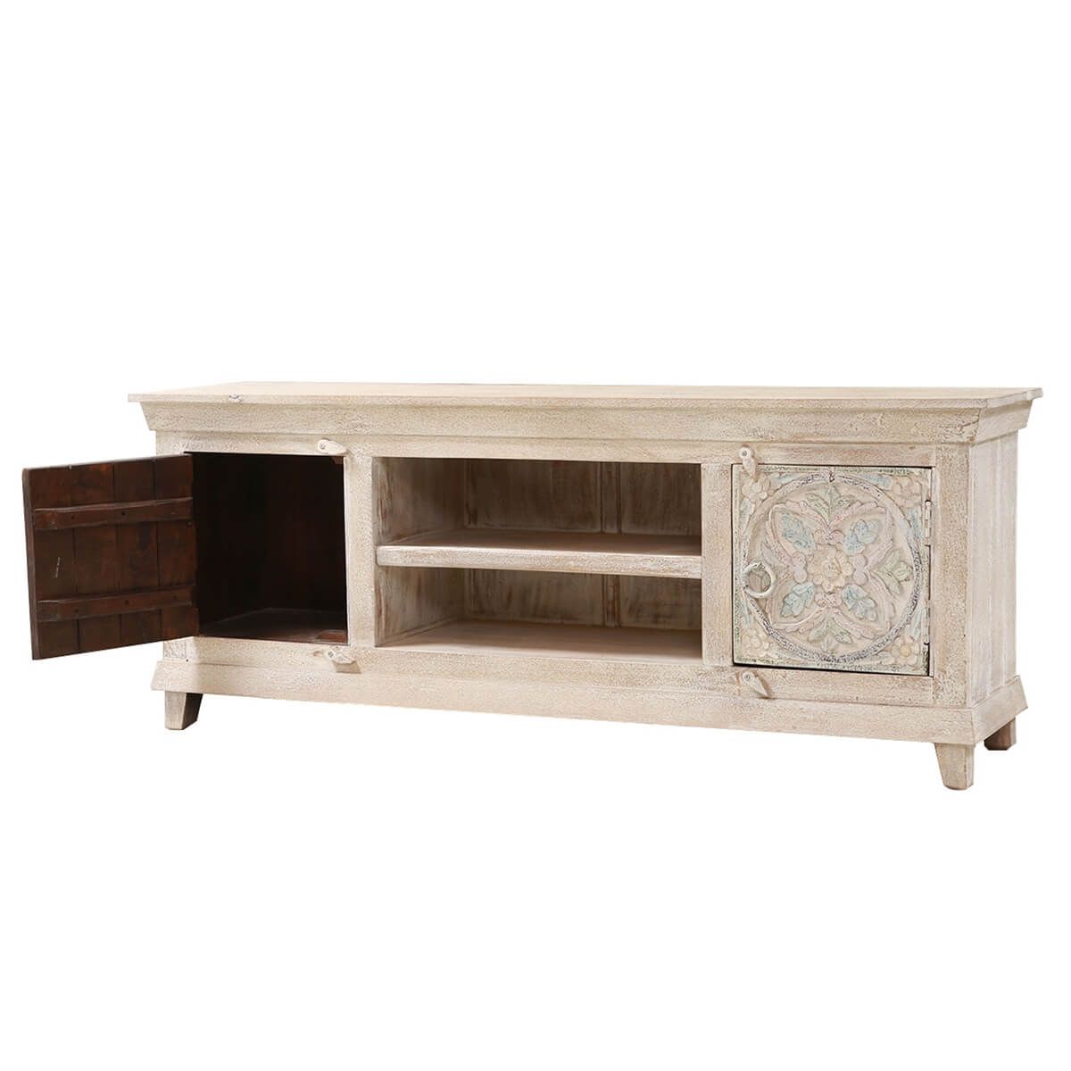 EVA Hand-carved Solid Wood White Distressed TV Media Stand
