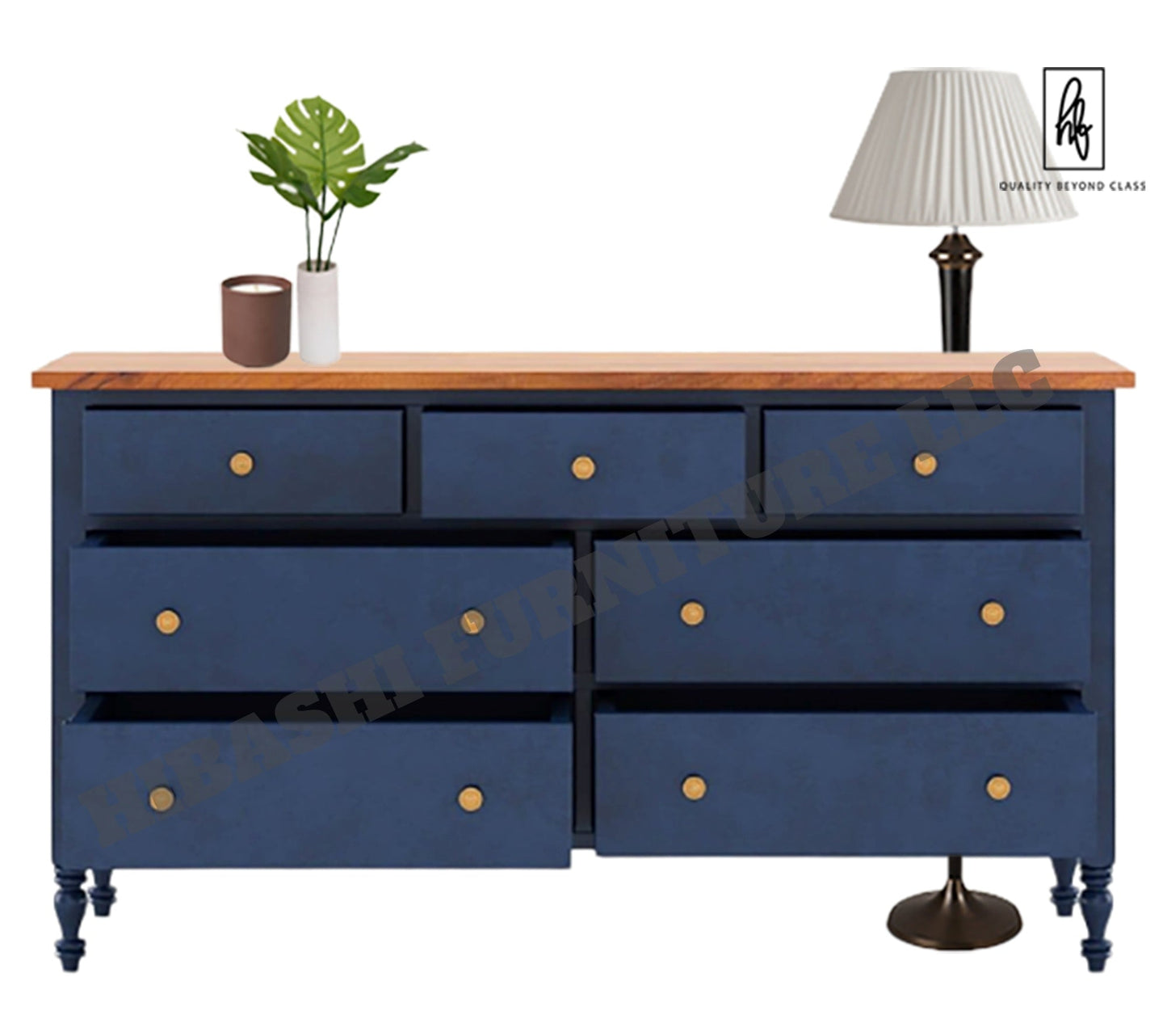 RECTO Blue Two Tone Solid Wood 7 Drawer Bedroom Dresser