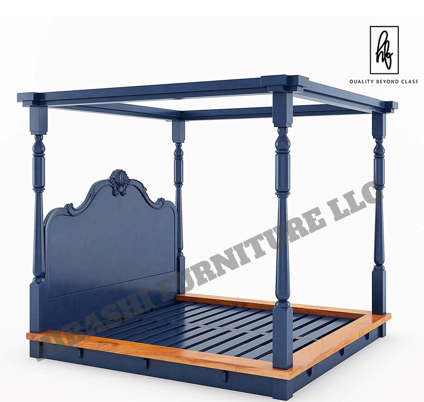 RECTO Two Tone Solid Wood Hand Carved Headboard Platform Canopy Bed