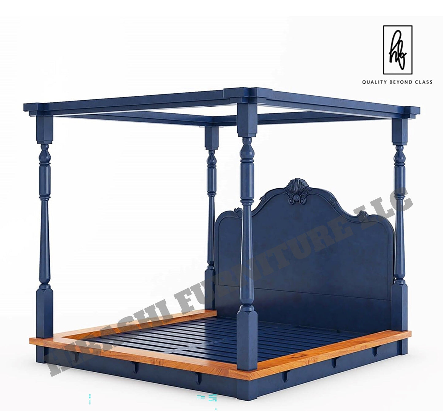 RECTO Two Tone Solid Wood Hand Carved Headboard Platform Canopy Bed