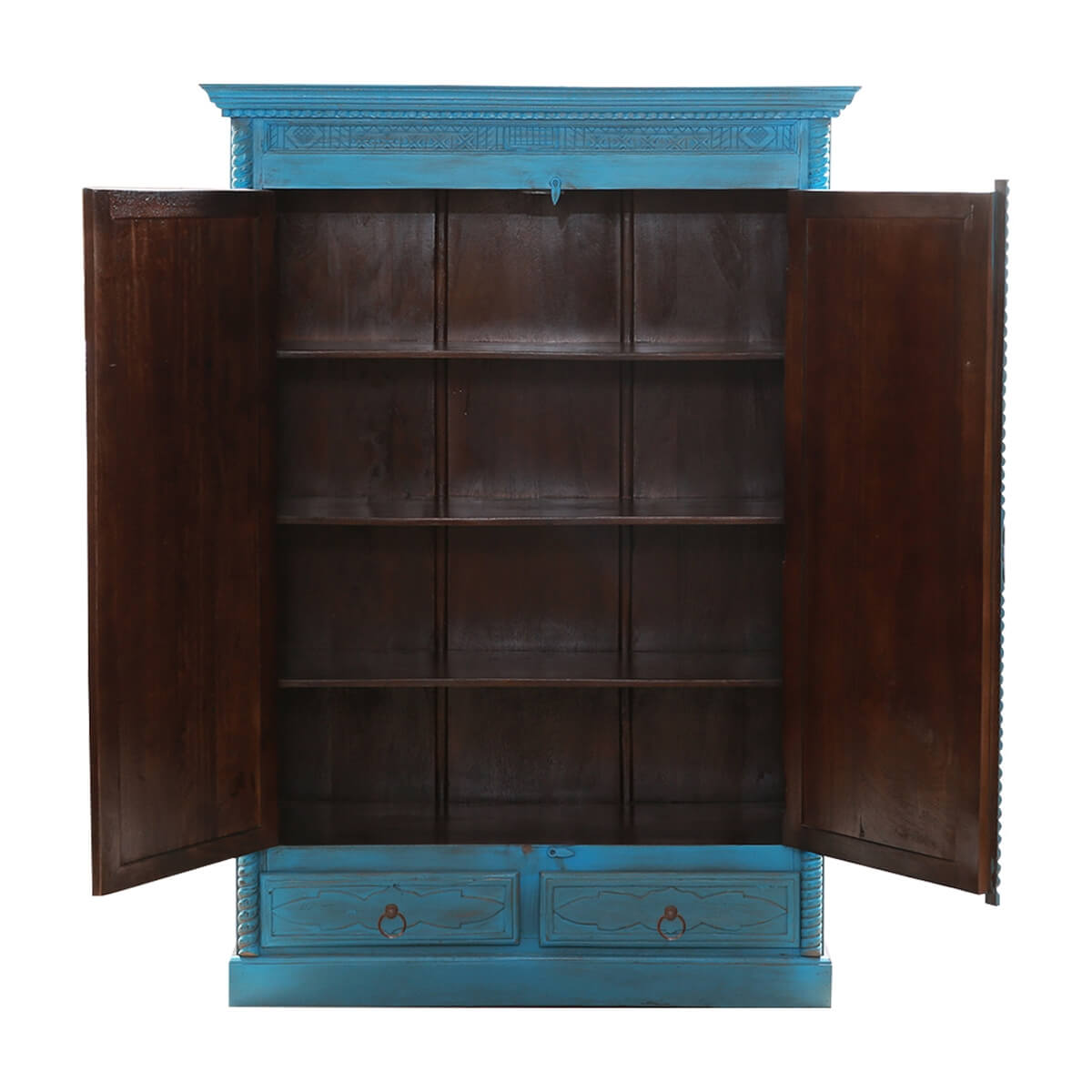 Guful Turquoise Hand Carved Solid Wood 2 Drawer Armoire
