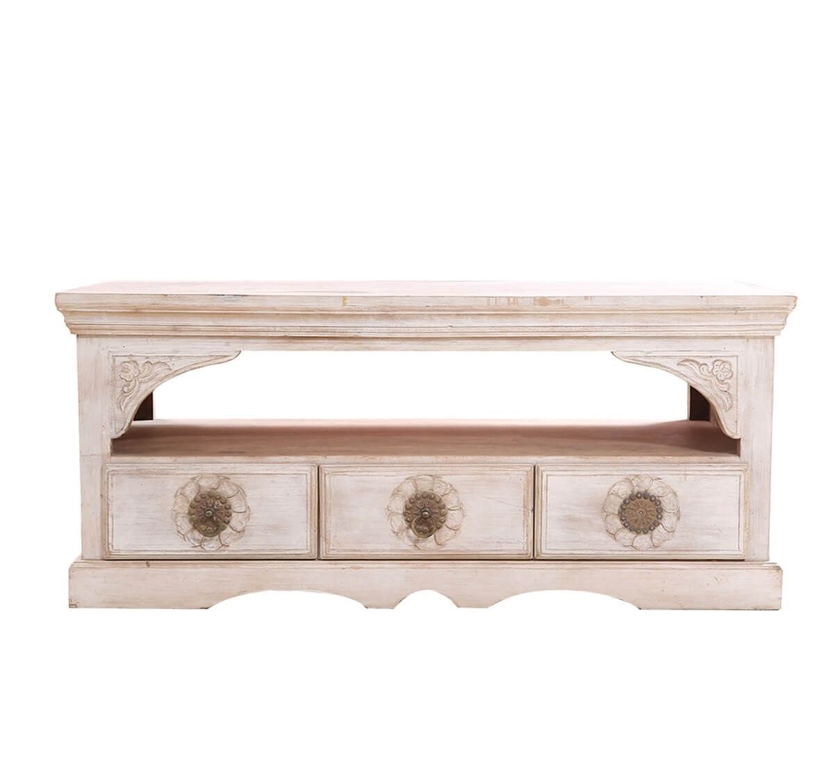 AKAP White Solid Wood 3 Drawer Media Cabinet