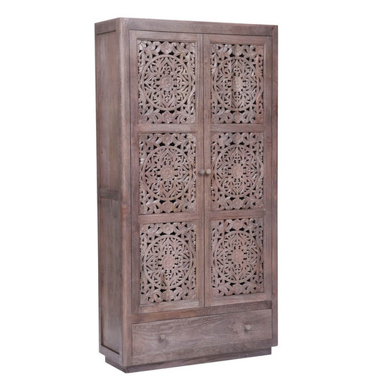 Rustic Hand carved Reclaimed Wood Armoire w Shelves And Drawer