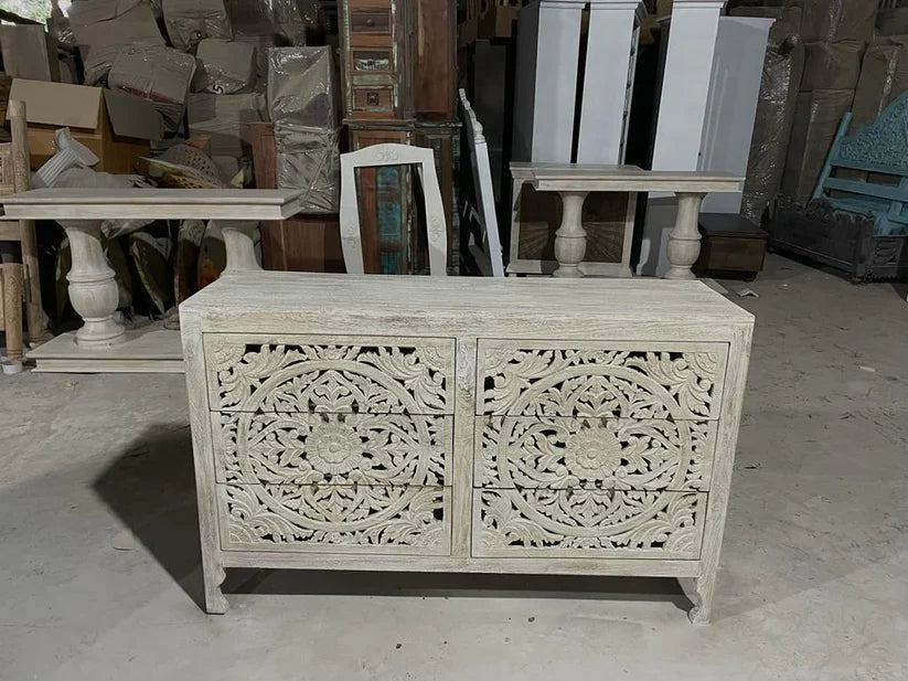 Indian Hand-Carved Wood Canopy Platform Platform Bed Frame