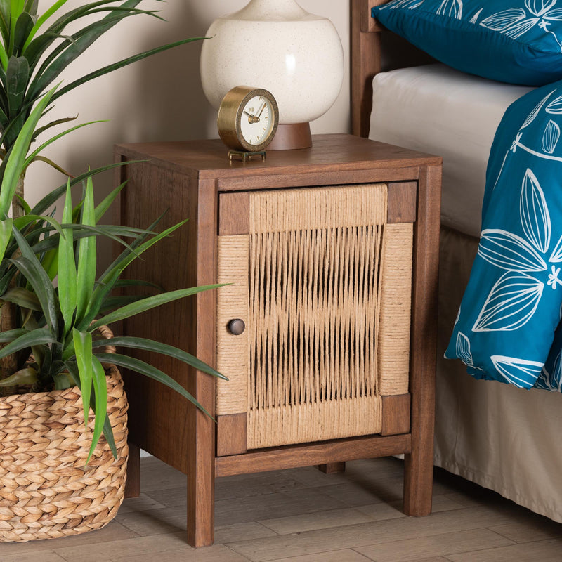 CALVIN & BAY MODERN RATTAN  BOHEMIAN BROWN FINISHED WOOD NIGHTSTAND/BEDSIDE TABLE