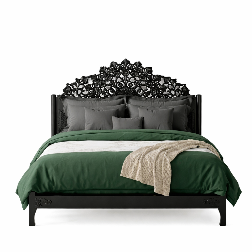 Shahi Mughal Hand-Carved Indian Solid Wood Platform Bed & Bedroom Collection