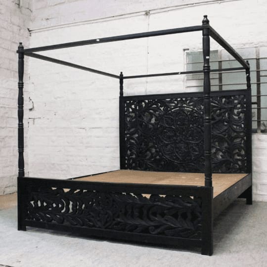 Indian Hand Carved wooden High Headboard Canopy Bed Frame