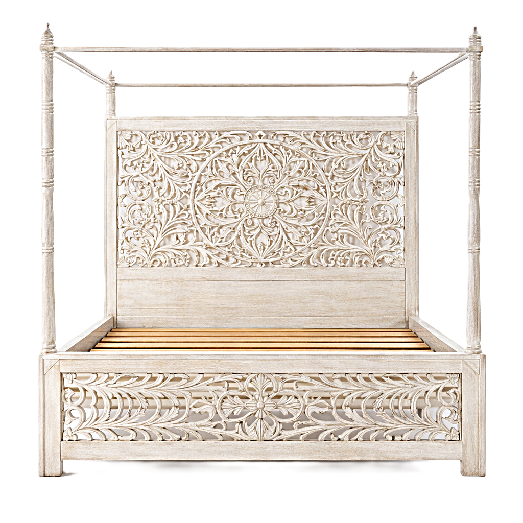 Indian Hand-Carved Wood Canopy Platform Platform Bed Frame