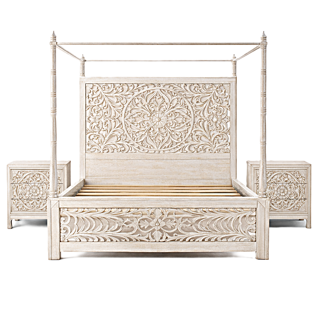 Indian Hand-Carved Wood Canopy Platform Platform Bed Frame