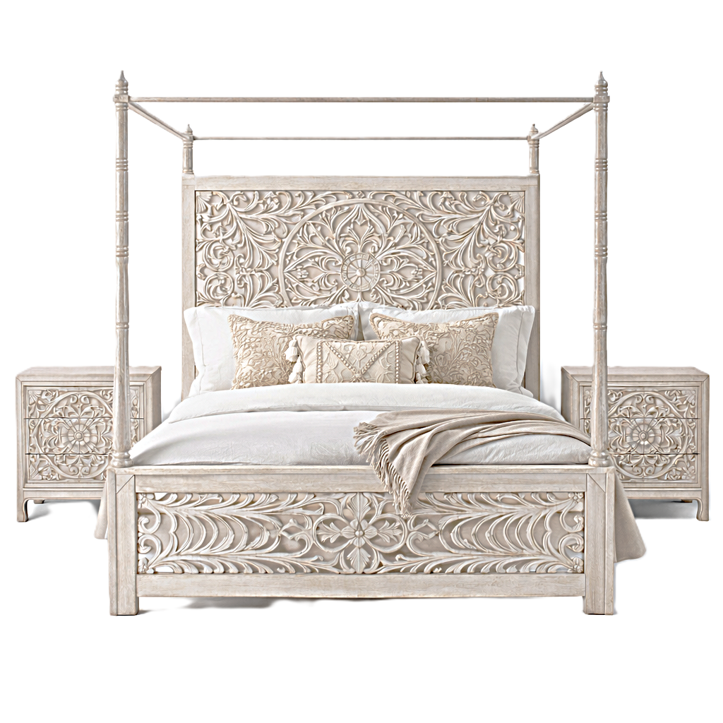 Indian Hand-Carved Wood Canopy Platform Platform Bed Frame