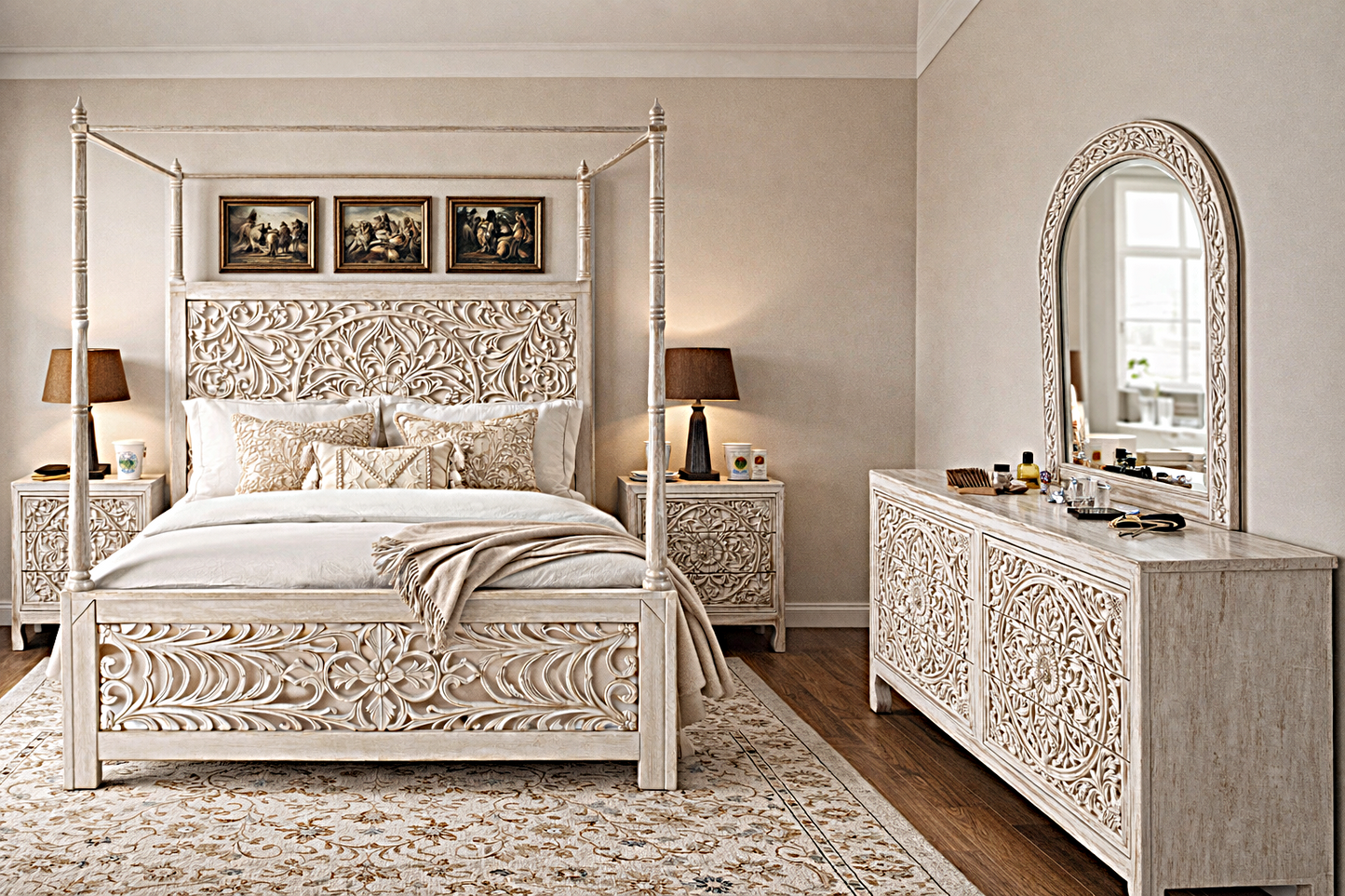 Indian Hand-Carved Wood Canopy Platform Platform Bed Frame