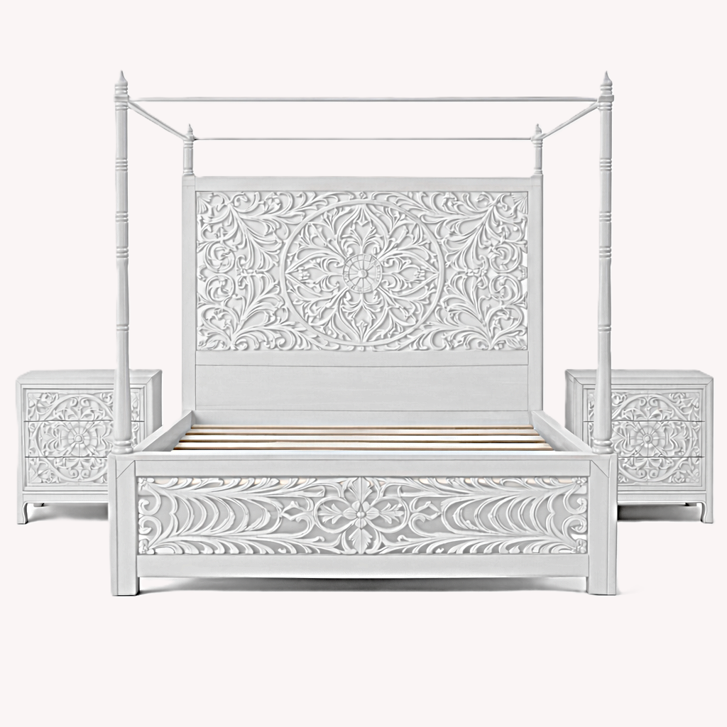 Indian Hand-Carved Wood Canopy Platform Platform Bed Frame