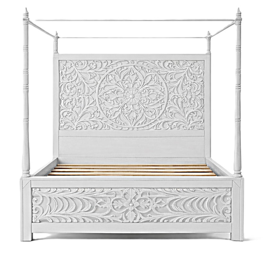 Indian Hand-Carved Wood Canopy Platform Platform Bed Frame