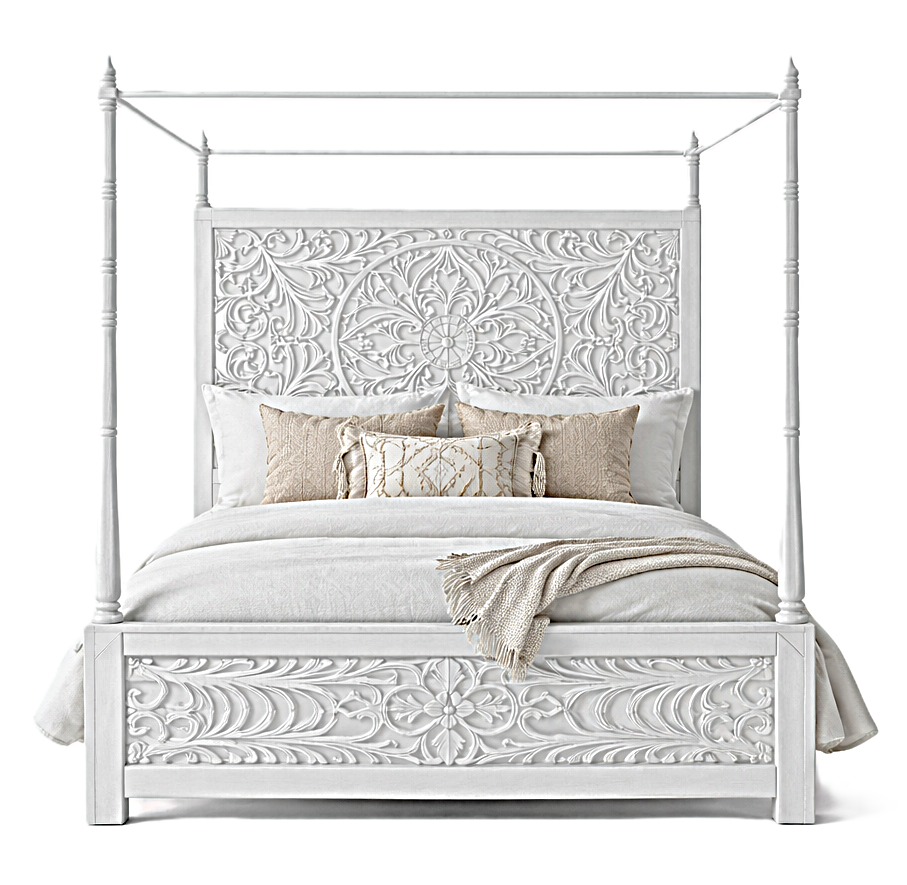 Indian Hand-Carved Wood Canopy Platform Platform Bed Frame