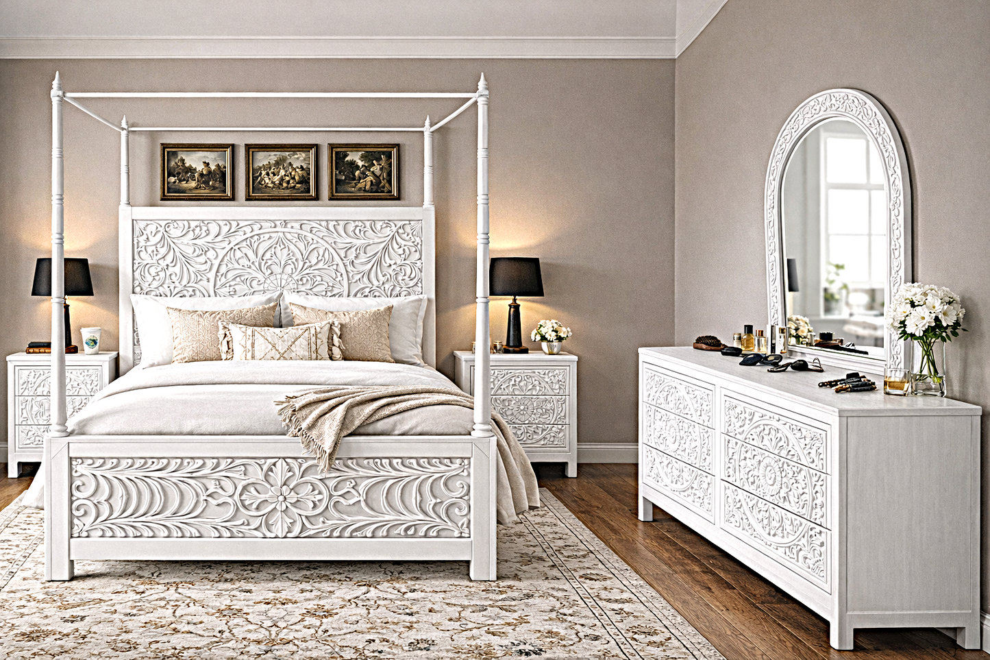 Indian Hand-Carved Wood Canopy Platform Platform Bed Frame