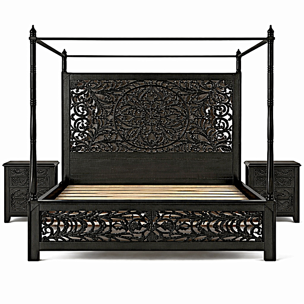 Indian Hand-Carved Wood Canopy Platform Platform Bed Frame