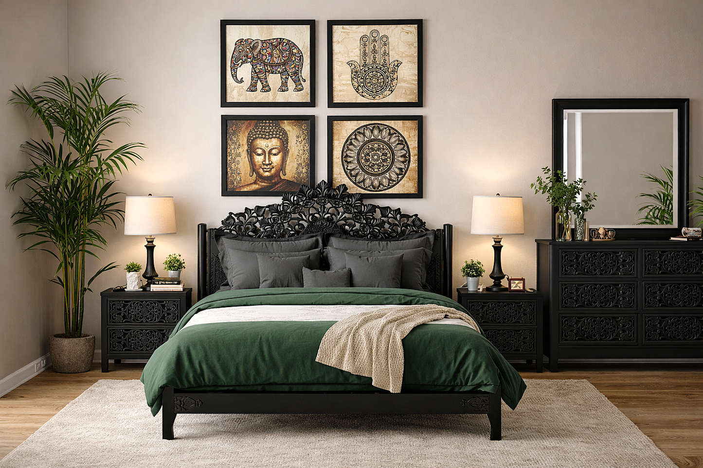 Shahi Mughal Hand-Carved Indian Solid Wood Platform Bed & Bedroom Collection