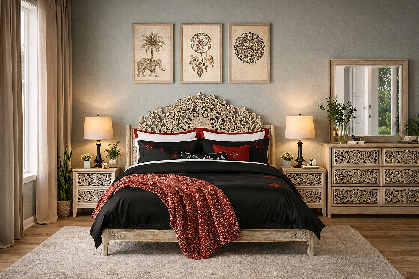 Shahi Mughal Hand-Carved Indian Solid Wood Platform Bed & Bedroom Collection