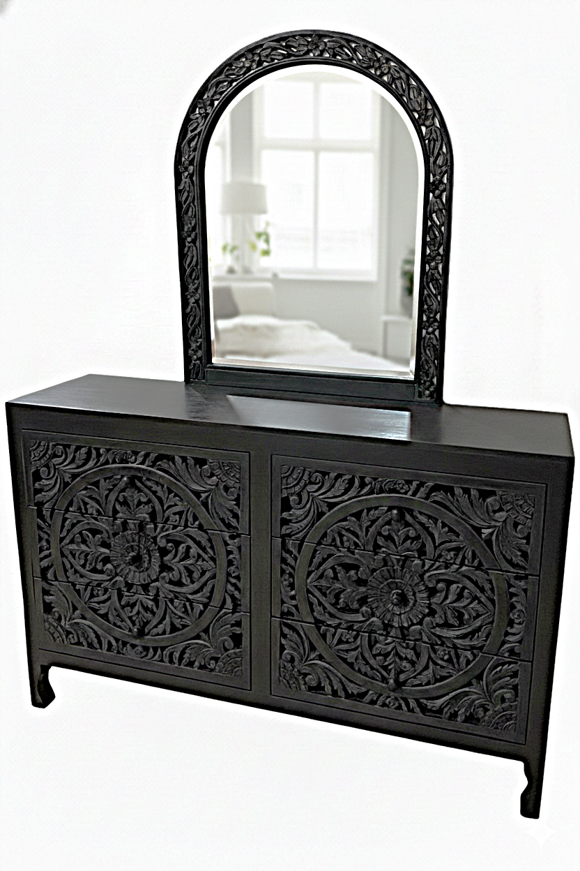 Indian Hand-Carved Wood Canopy Platform Platform Bed Frame